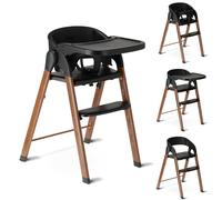 Deryan Seggiolone per bambini e bambini - Seggiolone pieghevole in legno - Include cintura a 5 punti - Regolabile in altezza e pieghevole - Include cintura di sicurezza e vassoio - Nero/Legno