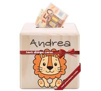 DEschenk Salvadanaio In Legno Personalizzabile per Banconote E Monete, Con Il Nome Desiderato - Libro Risparmio Soldi Unico - Libretto Risparmio Soldi (Leone)