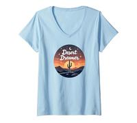Desert Dreaming: Incantevole Tramonto Cactus Paesaggio Arte Maglietta con Collo a V, Donna, Celeste, L
