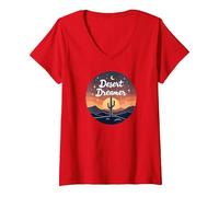 Desert Dreaming: Incantevole Tramonto Cactus Paesaggio Arte Maglietta con Collo a V, Donna, Rosso, L