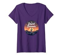 Desert Dreaming: Incantevole Tramonto Cactus Paesaggio Arte Maglietta con Collo a V, Donna, Viola, L