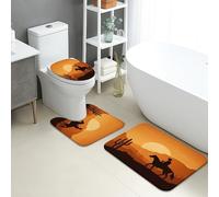 Desert Sunset di 3 tappetini da bagno con sagoma di cowboy rustico, assorbente, antiscivolo, a forma di U, lavabile, in flanella ad asciugatura rapida occidentale