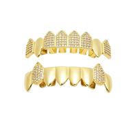 Design Apparecchio Dentale Otto Denti Canini da Vampiro Tutto Zirconi, Placcato Oro e Argento Stile Hip-Hop Gioiello Dentale Unisex Regalo Moda(Gold,Set)