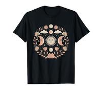 Design Artistico Mistico con Sole Celeste, Luna, Boho, Motivo Floreale, Loto Maglietta