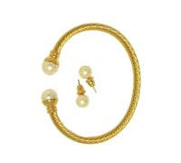 Design Cavo Bracciale Rigido 2pc Set Perla a Lobo Orecchini 18kt Oro Giallo New