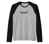 Design con Croce Rossa con Scritta in Lingua Inglese He Is Risen Bold East (Lingua Italiana Non Maglia con Maniche Raglan