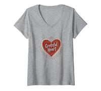 Design con Cuore e Scritta in Lingua Inglese Grateful Heart Maglietta con Collo a V, Donna, Grigio Melange, S