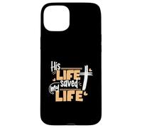 Design con scritta in lingua inglese "His Life Saved My Life Jesus And God Faith" Custodia per iPhone 15 Plus