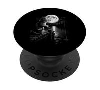Design gatto che pesca sotto la luna piena notte lago PopSockets PopGrip Adesivo
