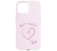 Design minimalista rosa But First God Custodia per iPhone 15