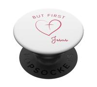 Design minimalista rosa con scritta "But First Jesus" PopSockets PopGrip Adesivo
