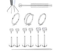 Design Minimalista Set Borchie Naso con Strumenti，Universale per Cartilagine Sopracciglia e Anello Labbra，Unisex per Uomini e Donne.(Silver Set)