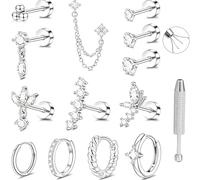 Design Minimalista Set Borchie Naso con Strumenti，Universale per Cartilagine Sopracciglia e Anello Labbra，Unisex per Uomini e Donne.(Silver Set)