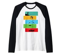 Design Pescatore Silhouette Pesce Barca e Canna da Pesca Maglia con Maniche Raglan