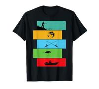 Design Pescatore Silhouette Pesce Barca e Canna da Pesca Maglietta