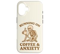 Design retrò divertente con scheletro "Running On Coffee & Anxiety" Custodia per iPhone 16