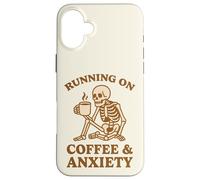 Design retrò divertente con scheletro "Running On Coffee & Anxiety" Custodia per iPhone 16 Plus