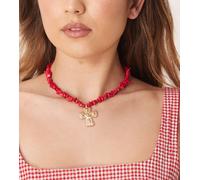 DesignB London - Collana con pietre naturali rosse e ciondolo a croce dorata-Rosso No Size