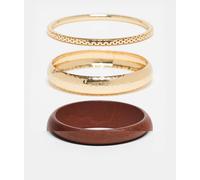 DesignB London - Confezione da 3 bracciali rigido in legno marrone scuro e tonalità oro-Multicolore No Size