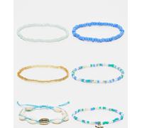 DesignB London - Confezione da 6 bracciali blu e oro con perline, conchiglie e stelle marine-Multicolore No Size