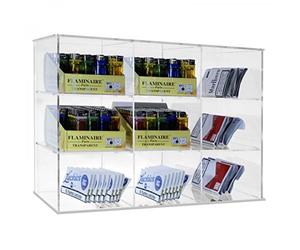 DesignPlex Espositore universale in plexiglass trasparente porta cartine, sigarette, buste di trinciato e accendini a 9 scomparti - Misure: 45x20x H35 cm