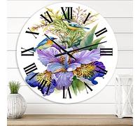 DesignQ Orologio da parete tradizionale "Purple Iris with Birds" floreale e botanico grande orologio da parete per arredamento soggiorno