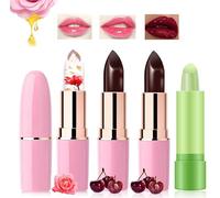 Desing Wish 4 Pezzi Ciliegia Rossetto Fiore Aloe Cambia Colore Magico PH Lunga Durata Set Lucidalabbra Rossetti Kit Labbra Opaco Rosso Lipgloss Rossetto Volumizzante Lipstick Matte Trucco Regalo