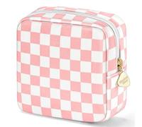 Desing Wish Piccola borsa per il trucco da 13 cm x 13 cm per borsa in materiale floccato mini borsa da viaggio con due tasche interne borse cosmetiche carine portatili per le donne, Quadri Rosa-Bianco