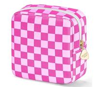 Desing Wish Piccola borsa per il trucco da 13 cm x 13 cm per borsa in materiale floccato mini borsa da viaggio con due tasche interne borse cosmetiche carine portatili per le donne, Scacchi rosa-rosa