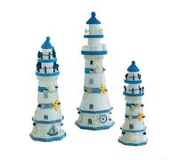 Desiumite Decorazione a forma di faro mediterraneo, in legno a righe blu e bianche, per decorazione della casa, decorazione per la casa, con timone a forma di nave (38 cm)