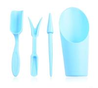 Desiumite Set di attrezzi per trapianto per piante grasse, set di 4 attrezzi da giardino con trapiantatore, paletta, pala a secchio e perforatore, strumenti per piantare in plastica (blu)