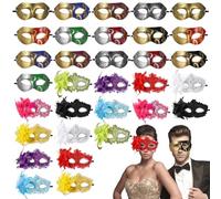 Deskium 32 mascherine per coppie, maschere a metà viso con piume e strass, per eleganti feste di ballo e carnevale, con lacci a nastro