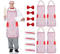 Deskium Costume da cameriera di Carnevale anni '50 da donna, set grembiule a righe per adulti, include papillon rosso e cappello da chef, 4 pezzi