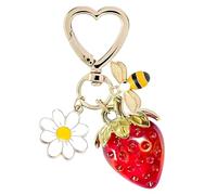 Deskium Portachiavi a forma di fragola con ape e fiore, ciondolo a forma di cuore, accessorio in lega di metallo smaltato, grazioso ciondolo per borsa da donna, portachiavi decorativo per borse e