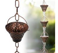 Deskium Rain Chain per grondaie, 2,6 m, in rame, con 12 tazze decorative, deviatore d'acqua resistente alle intemperie, catena raccogli pioggia per esterni e giardino
