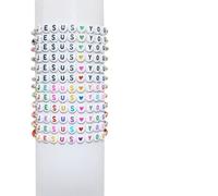 Deskium Set di 12 braccialetti religiosi multicolore pastello, braccialetti religiosi fai da te con ciondolo a forma di lettera, Gesù ti ama, 17,8 cm per VBS, versetti della Bibbia cristiana per fare