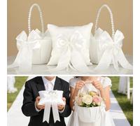 Deskium Set di cuscini con cestini, 3 pezzi, con nastro bianco e manico in perla, regali di nozze