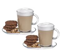 DESTALYA Set di tazze da caffè con manici e piattini, in vetro trasparente, con manico, per bevande calde e fredde, tè, espresso, cappuccino, cioccolata calda