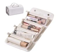 Detachable Multi Compartment Hanging Leather Makeup Bag, Leather Large Capacity Waterproof Foldable Cosmetic Bag, Travel Toiletry Bag for Women (White)