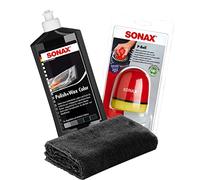 detailmate - Set con lacca per lucidare Sonax Polish, colore nero, 500 ml, spugna per lucidatura a mano ergonomica e panno in microfibra da 40 x 40 cm senza cuciture, 550 g/m²