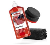detailmate - Set con lacca per lucidare Sonax Polish, per vernici colorate e metallizzate, 500 ml, spugna per lucidatura a mano dura del diametro di 90/50 mm e panno in microfibra senza cuciture