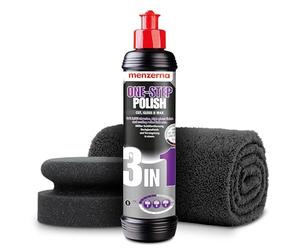 detailmate Set lucidante per auto con Menzerna Medium Cut One-Step-Polish 3in1 250ml + spugna per lucidatura realizzata in Germania + panno in microfibra ultra soffice 550GSM + 1 guanto protettivo