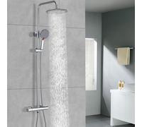 DETBOM Colonna Doccia Termostatica con Miscelatore, Set Doccia in Acciaio Inox 304 - Soffione Pioggia 25cm + Doccetta 3 Jet Autopulente, Kit Completo con Tubo 1.5m e Staffa Regolabile, Rotondo