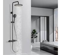DETBOM Colonna Doccia Termostatica con Miscelatore, Set Doccia in Acciaio Inox 304 - Soffione Pioggia 25cm + Doccetta 3 Jet Autopulente, Kit Completo con Tubo 1.5m e Staffa Regolabile, Rotondo, Nero