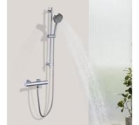 DETBOM Miscelatore Termostatico con Set Asta doccia, Rubinetto per Doccia con Pulsante di Sicurezza Antiscottatura a 38°C (Asta Doccia, Doccetta 3 Funzioni, 1,5m Flessibile, Supporto Soffione) Cromato