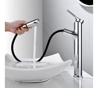 DETBOM Rubinetto Bagno Alto con Doccetta Estraibile a 2 Modalità, Miscelatore Lavabo, Rubinetti Monocomando, Adatto Lavabo da Appoggio, Aeratore Rimovibile, Acqua Calda/Fredda, Senza Piombo, Cromato