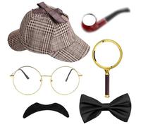 Detective Costume Accessories Set Detective Fancy Dress Kit with Detective Hat Fake Mustache Bow Tie Pipe Glasses Round Handle Magnifier for Kids Adults Halloween Cosplay Carnival Party Outfit