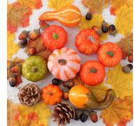 DETENE 60 Pezzi Decorazioni Zucca Autunno Mini Zucche Foglie d'Acero Zucca Artificiale, Foglia D'acero,Ghianda Zucche Decorative Colorate per la Decorazione Della Festa in Autunno e Halloween