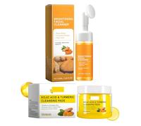 Detergente Viso alla Curcuma e Acido Kojic+Dischetti Detergenti All'acido Cogico Alla Curcuma per il Viso, Foam Cleanser, Formula Esfoliante per Macchie Scure, Deterge la Pelle, Idratante e Nutriente