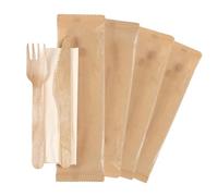 DETERMONDO 250 pezzi Set Posate Usa e Getta in Legno Imbustate Biodegradabili Compostabili con Salvietta Forchette Usa e Getta Coltelli Legno Salviette